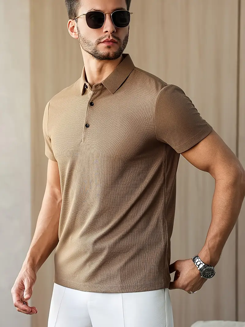 mens summer shirt solid color casual short sleeve with button collar lightweight polyester for sports outdoor leisure activities casual summer wear knitted weave details 2