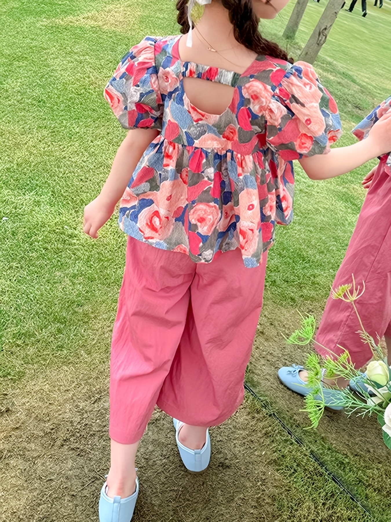 Girls' Summer Outfit Set 2025 New Style Girls' Outdoor Fashion Floral Print 2pcs Short Sleeve Wear Summer Clothes, for Outdoor