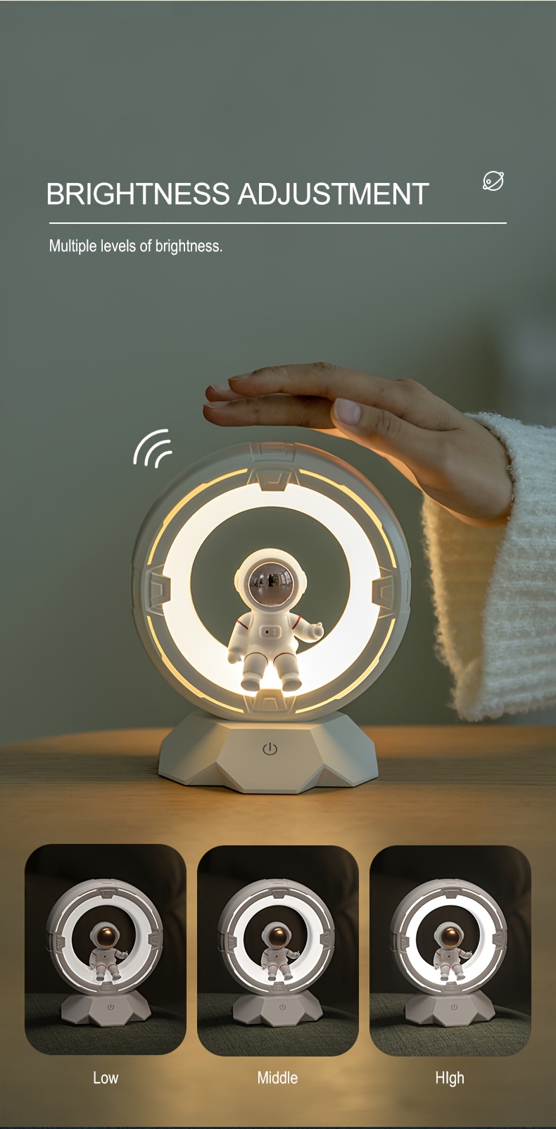  modern astronaut night control 3 color led bedside lamp 4 adjustable brightness levels rechargeable 1200mah lithium battery cordless with tabletop plaque for bedroom ideal for birthday christmas gifts Product details 4