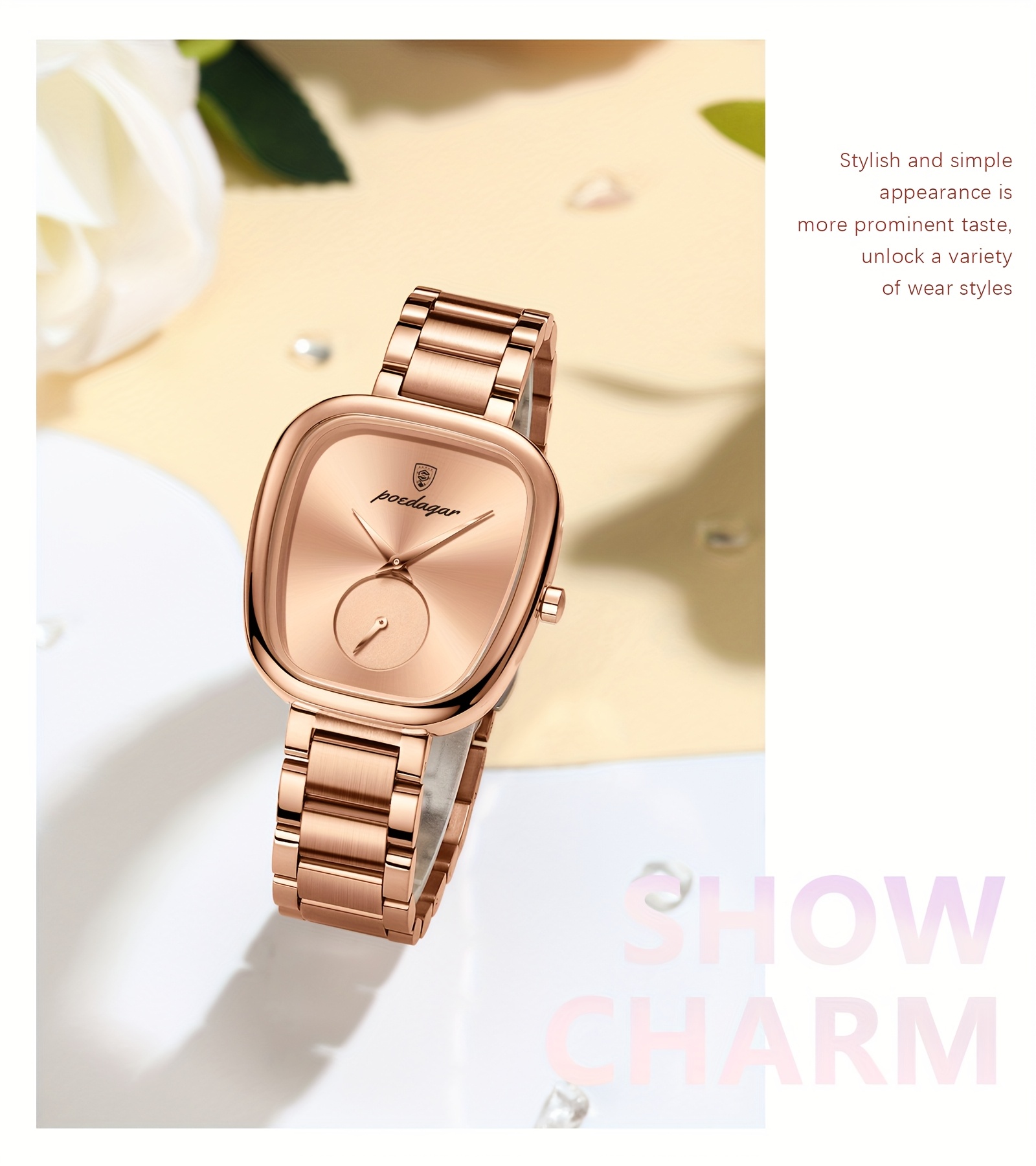 POEDAGAR Elegant Korean Style Ladies Wrist Watch, Square Alloy Case, Stainless Steel Band, Digital Display, 3ATM, Quartz Movement, Non-rechargeable Button Battery