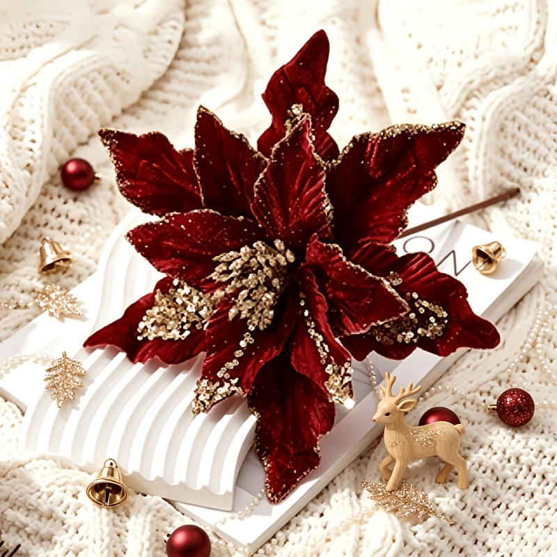 TEMU 1pc Simulated Poinsettia - Burgundy With Christmas Flower -- 28cm/11in Large Artificial Velvet, Sequined , Luxury Vintage, Velvet Texture, With