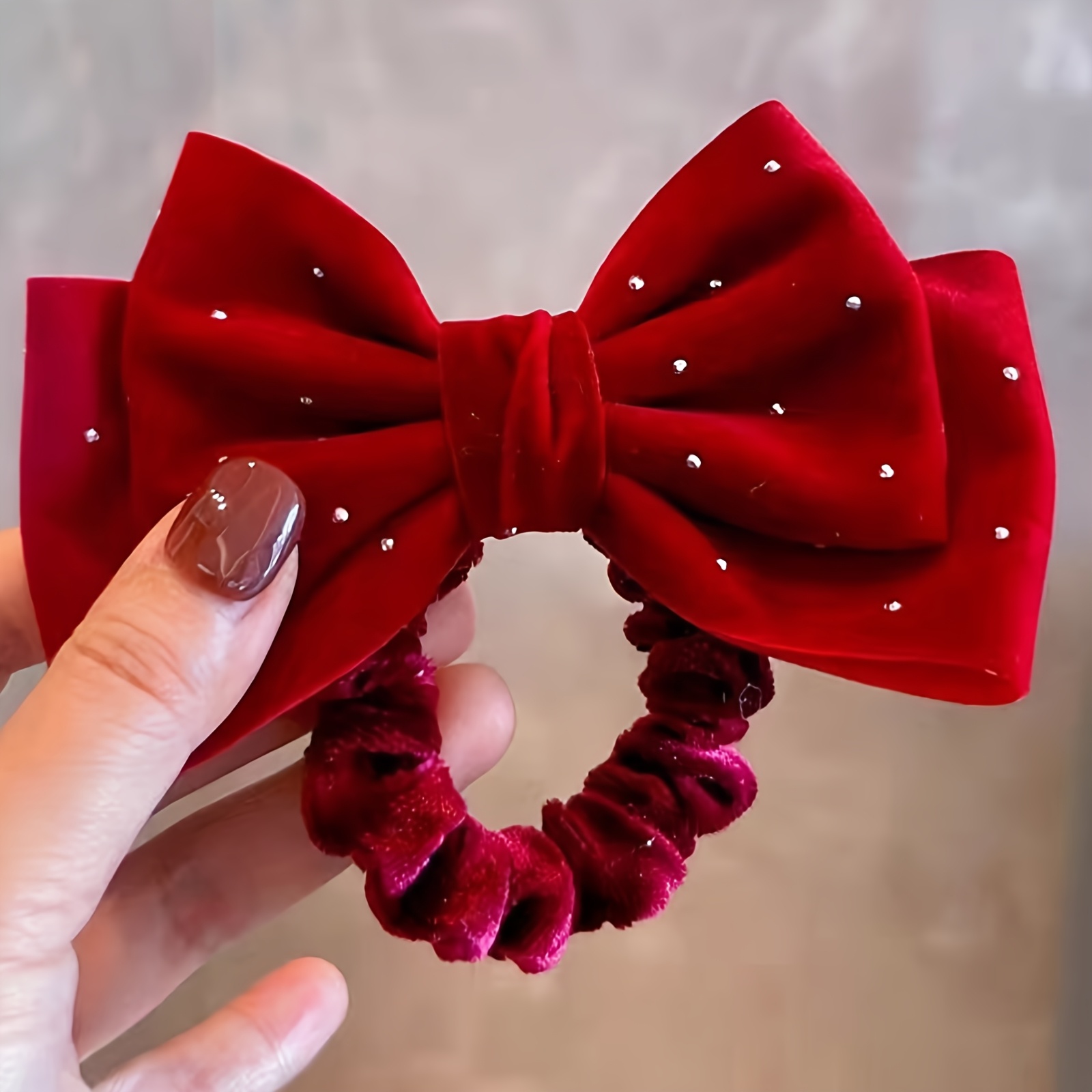 A Wine Red Velvet Hair Tie With Starry Diamonds And A Bow, Wear And Festive Decorations For Christmas And New Year