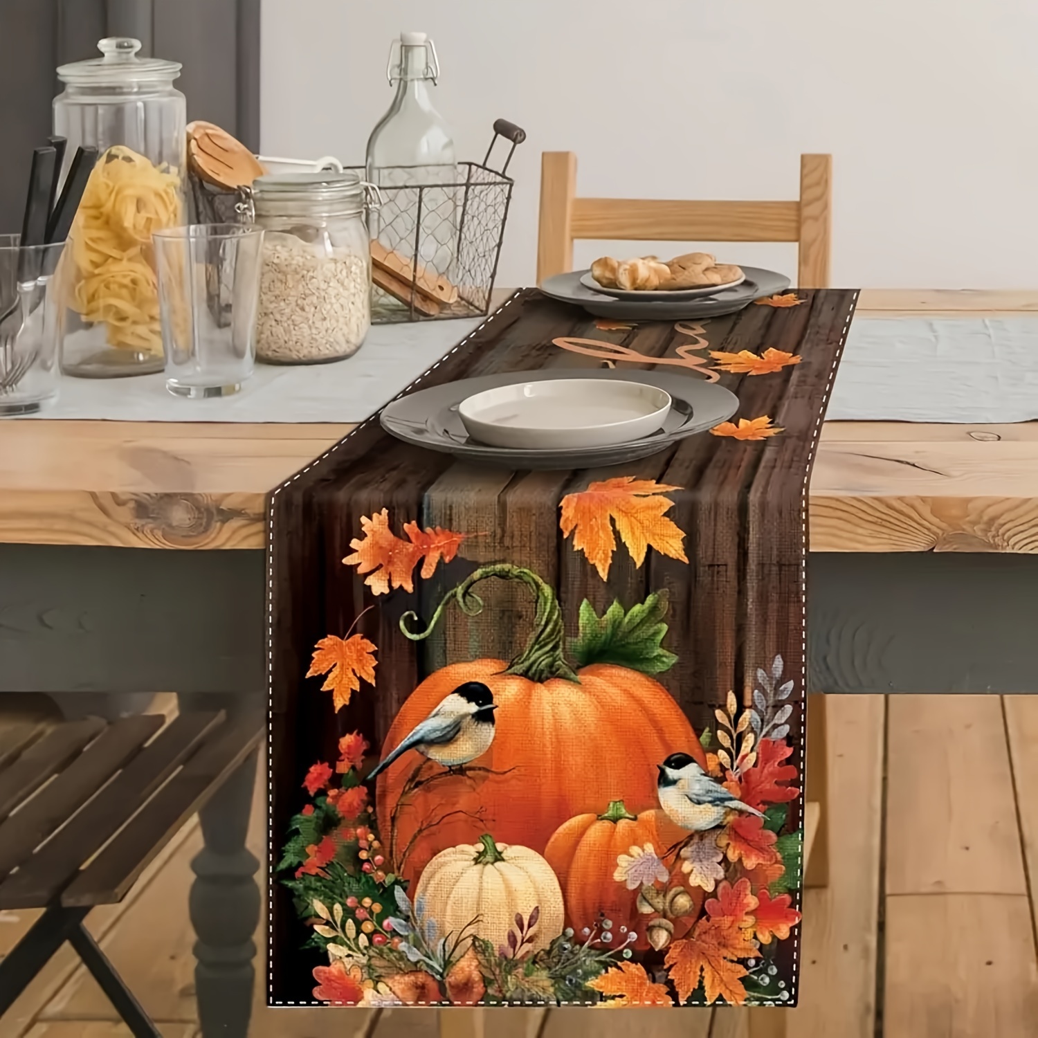 

Autumn Gratitude Table Runner - Maple Leaf, Pumpkin & Sparrow Design | Durable Polyester, Perfect For Indoor/outdoor Dining & Farmhouse Kitchen Decor