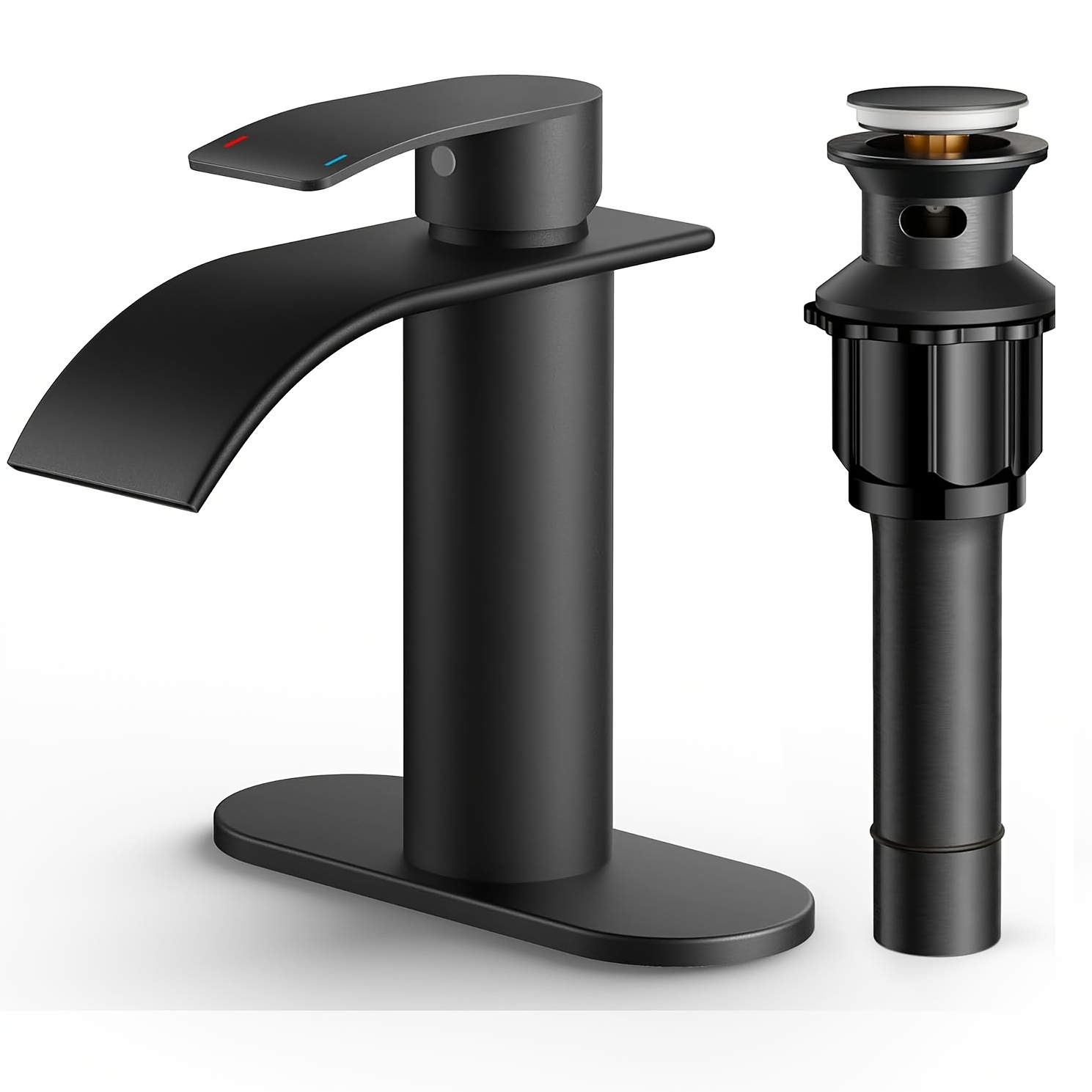 TEMU Matte Black Bathroom Tap, Stainless Steel Waterfall Sink Faucet For 1 Or 3 Holes, Single Handle Vanity Sink Faucets With Deck And Pop-up Drain