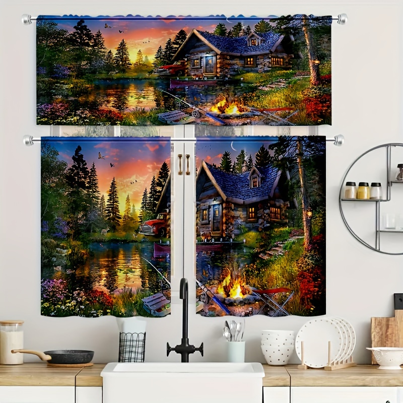 

1/2pcs Forest Cabin Pattern Kitchen Curtains, Rod Pocket Valance Curtain Tier, Window Treatment For Kitchen Cafe Living Room Bedroom, Home Decor