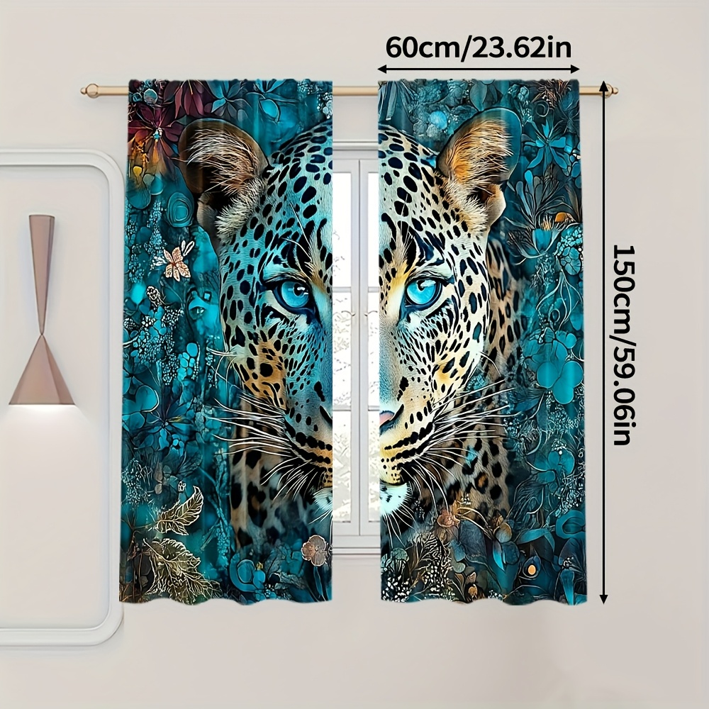 TEMU 2pcs Thermal Insulating Blackout Curtains - Leopard Print Window Drapes With Teal Floral Background, Light Blocking & Energy Window Treatments