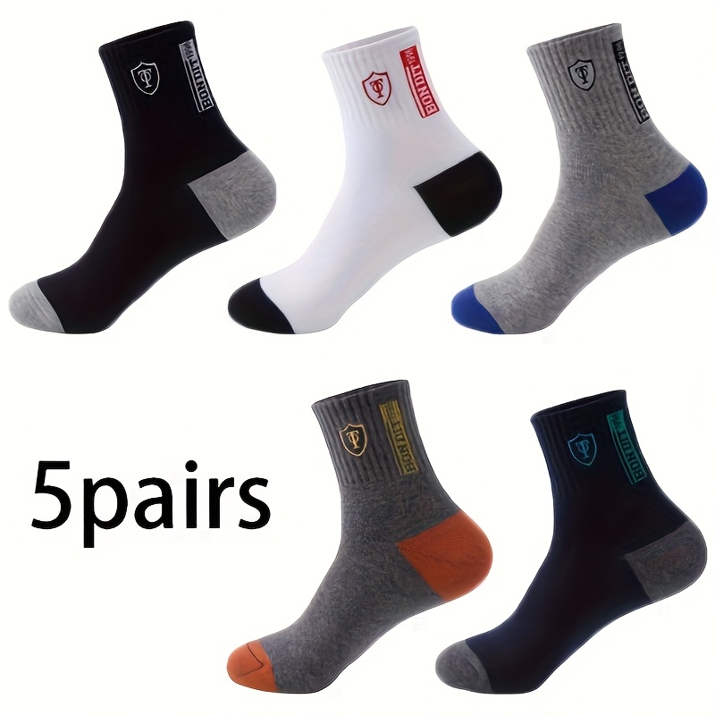 Image of 5 Pairs Of Men's Fashion Breathable Crew Socks, Casual Sports Socks, Comfortable, Casual, Soft And Thermal Socks For Spring, Autumn And Winter