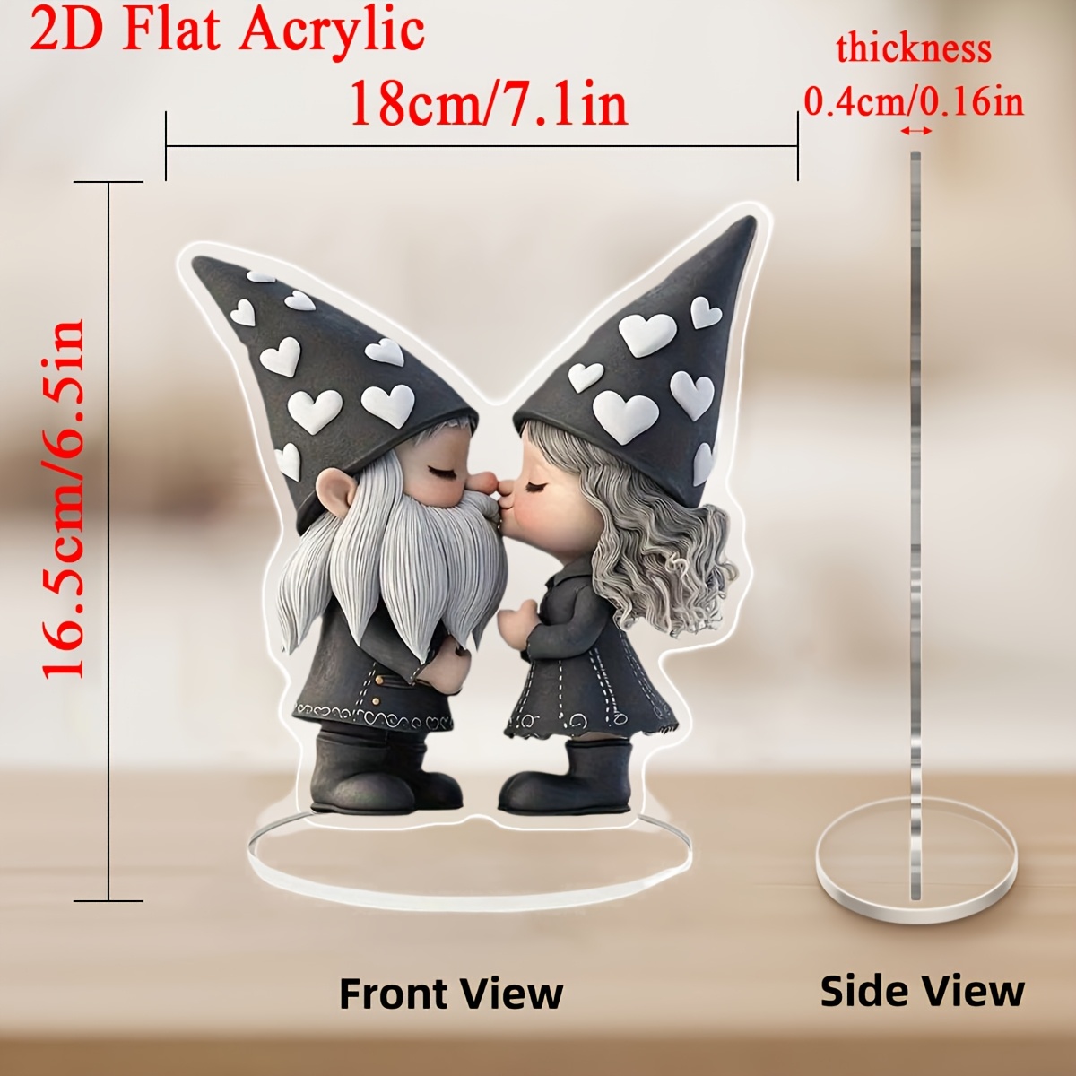 TEMU 2d Flat, 2d Flat Kissing Gnome Couple Acrylic Tabletop Decor, Romantic Gnome Couple With Heart Pattern Hats, Freestanding Plaque With , Desktop