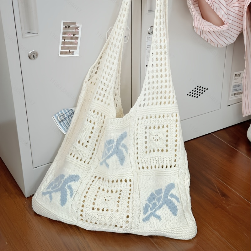 TEMU Women's Summer Crochet Beach Tote, Turtle And Palm-large Capacity Light Beige Polyester Tote With Open Top, Decorative Stitching And Fine Crochet For Leisure And Beach Travel, Durable Flowering