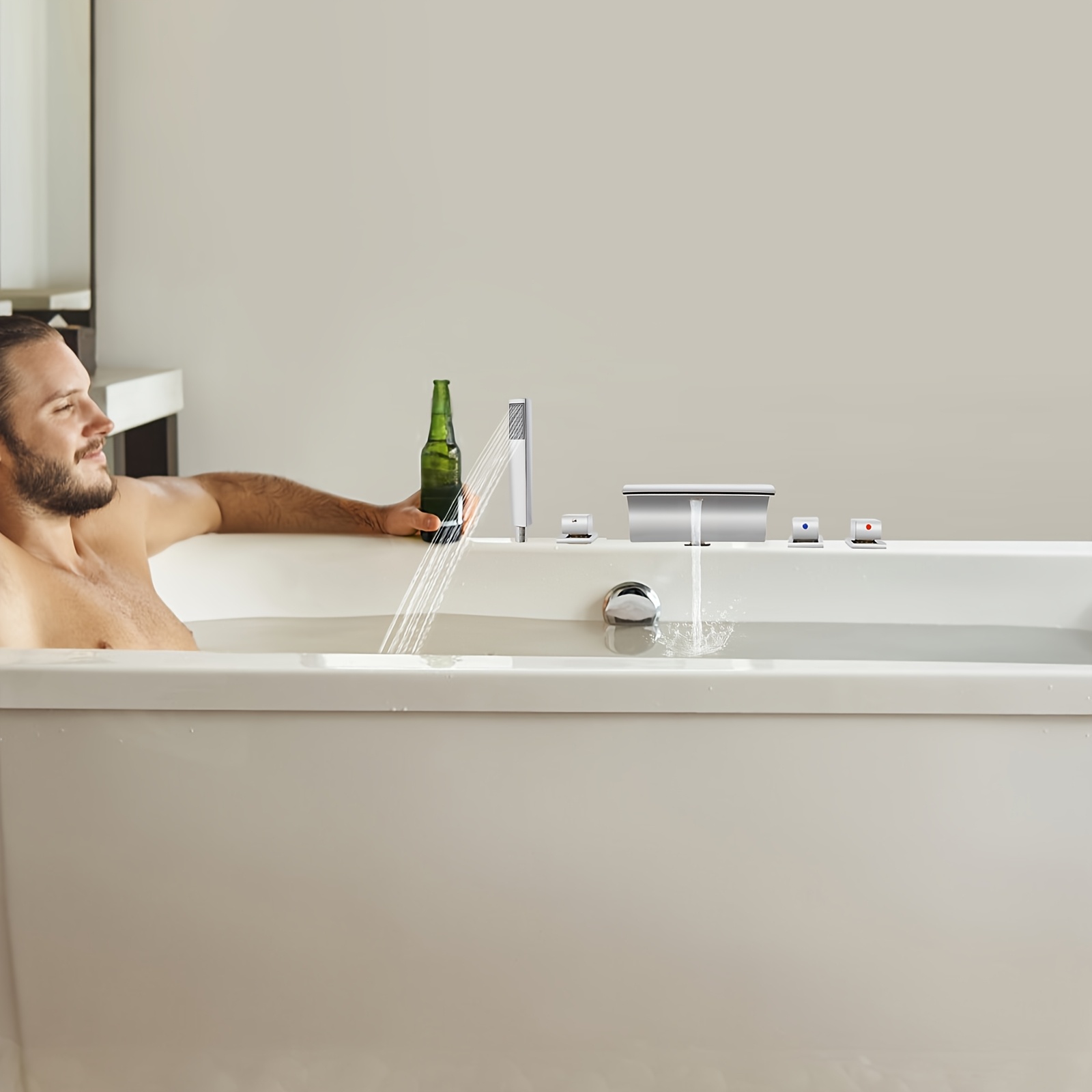 5 Hole Bathroom Bathtub Waterfall Chrome Mixer Tap & Hand Shower