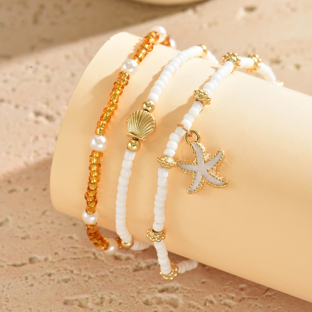 Boho Beach Ankle Bracelets with Seashells & Starfish, Set of 3