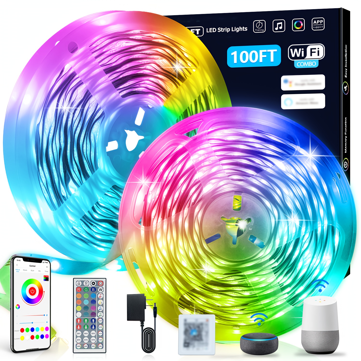 100FT Smart LED Strip Lights RGB Sync To Music With 40 Key Remote Controller LED Lights For Bedroom,Christmas Lights Decration (Multi-Colored, 100FT