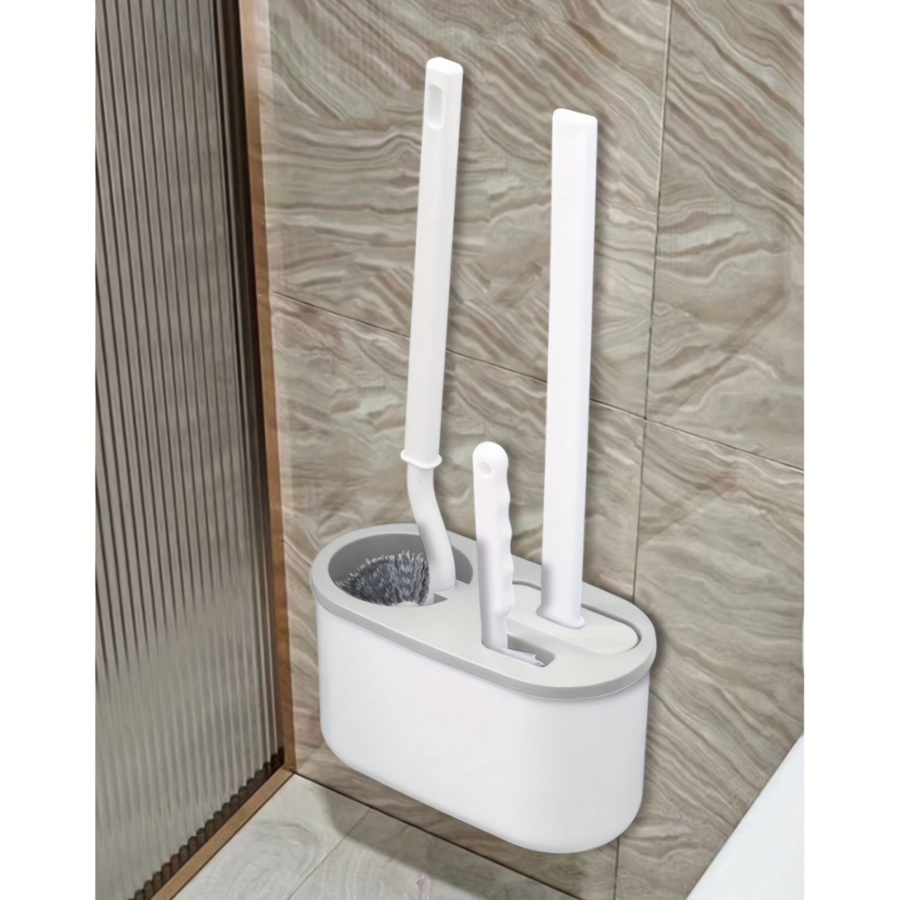 

Toilet Cleaning Brush Set With Long Handle, Wall-mounted Holder Box - Durable Pvc Household Scrubbing Tool For Bathroom/toilet, No Electricity Needed, Multi-component Grip Design - 3pcs
