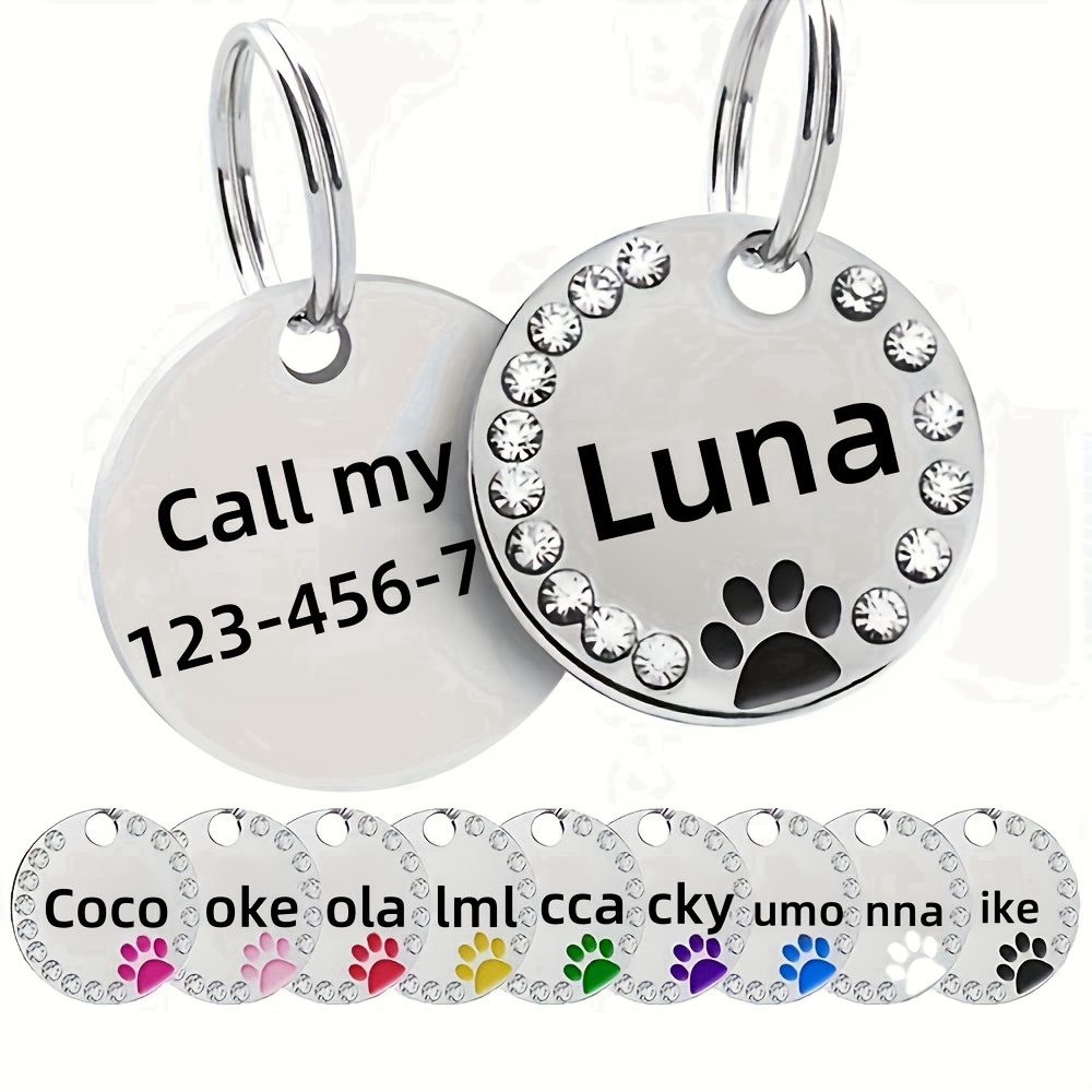 TEMU Personalized Engraved Crystal Pet Id Tag, Custom Round Iron Alloy Name Tag For Cats And Dogs, Suitable For Small And Medium-sized Pets