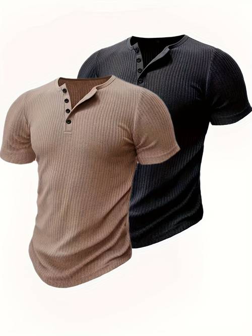2pcs henley crew neck four button short sleeved mens fashion top