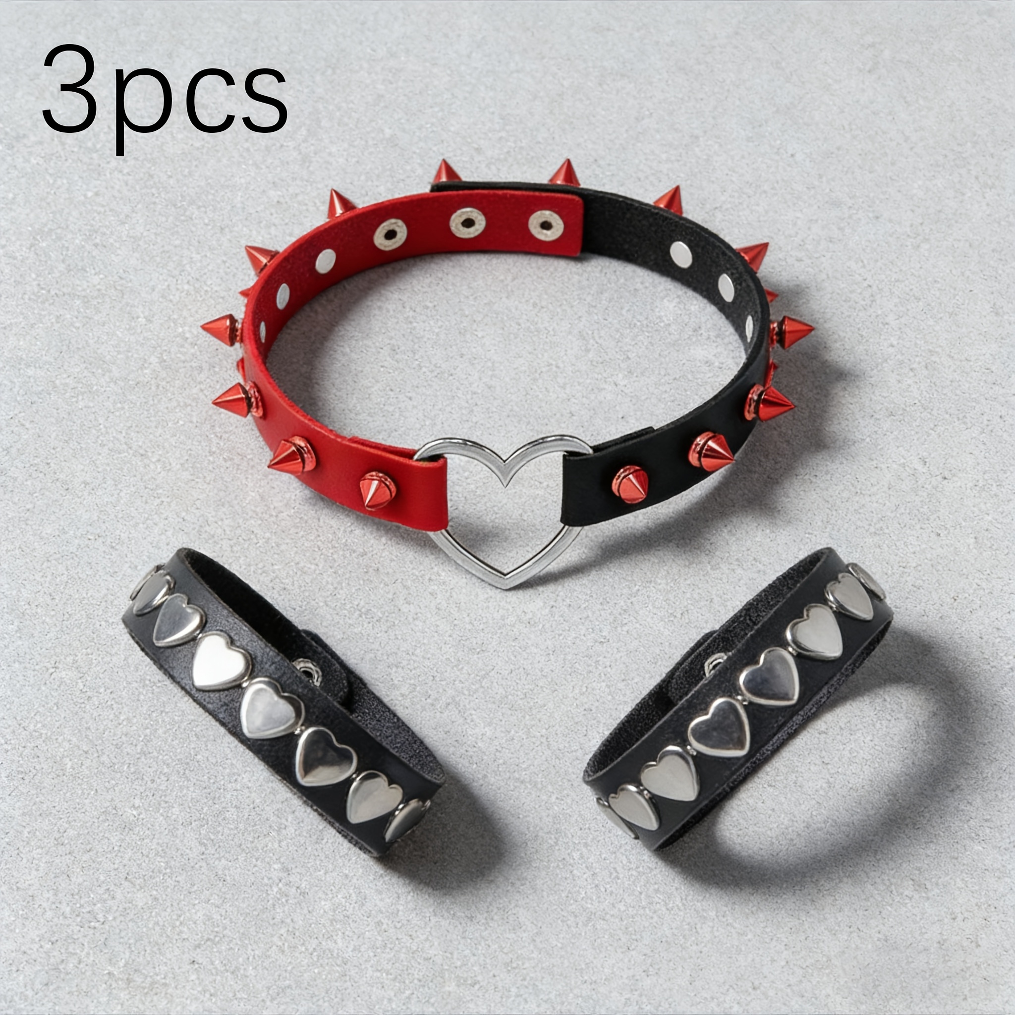 TEMU Ensemble d'accessoires style punk cool et doux foncé, 3pcs/2pcs, couleur rouge et noire, avec col boutonné à pointes de cœur et bracelet décoré