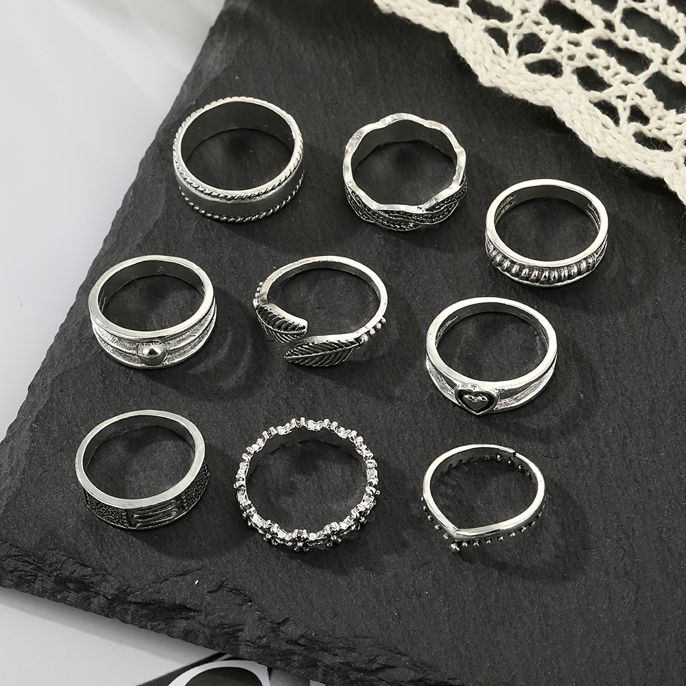 TEMU Set de 9 piezas para mujer, estilo vintage, versátil, con diseño floral de hojas y anillos de , ideal para reuniones y fiestas