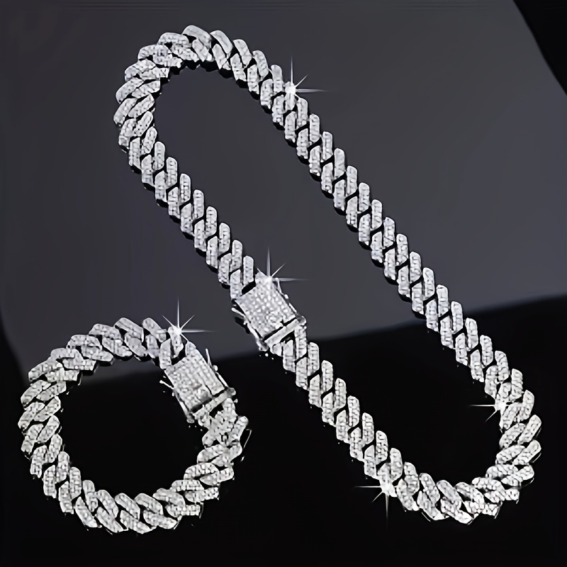 2pcs Shiny Rhinestone Cuban Link Necklace and Bracelet Set