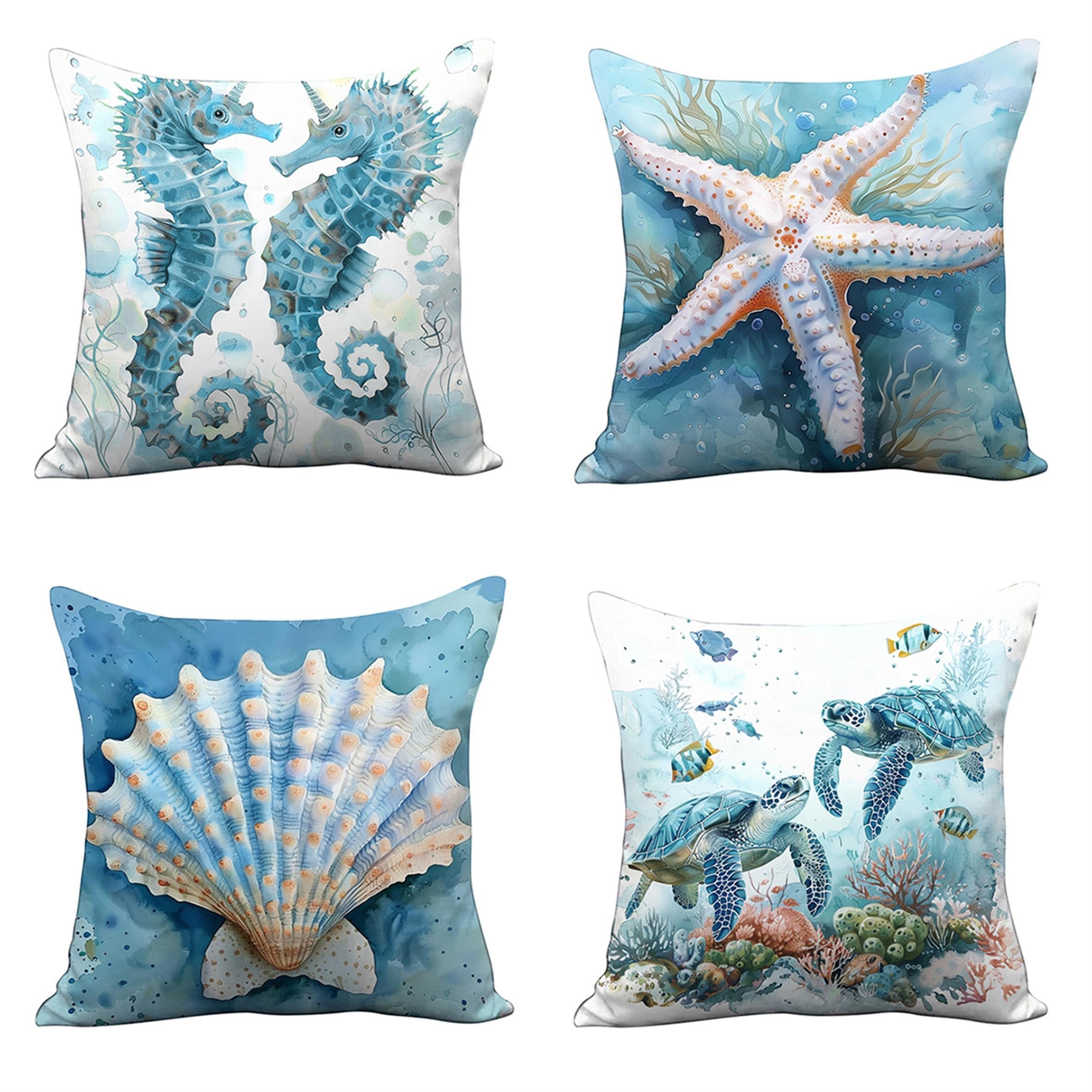 

Summer Ocean Series Throw Pillow Covers: Marine Life Shell Seahorse Turtle Print Pillow Covers Set Of 4 - Hand Wash Only, Zipper Closure, Suitable For Living Room Decor