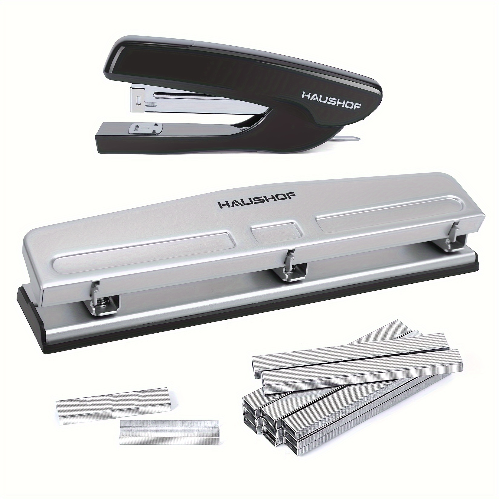 

Haushof Desktop Stapler And 3-hole Punch Set With 5000-piece Staples And Staple Remover, Office Supplies Compatible With 26/6 And 24/6 Staples