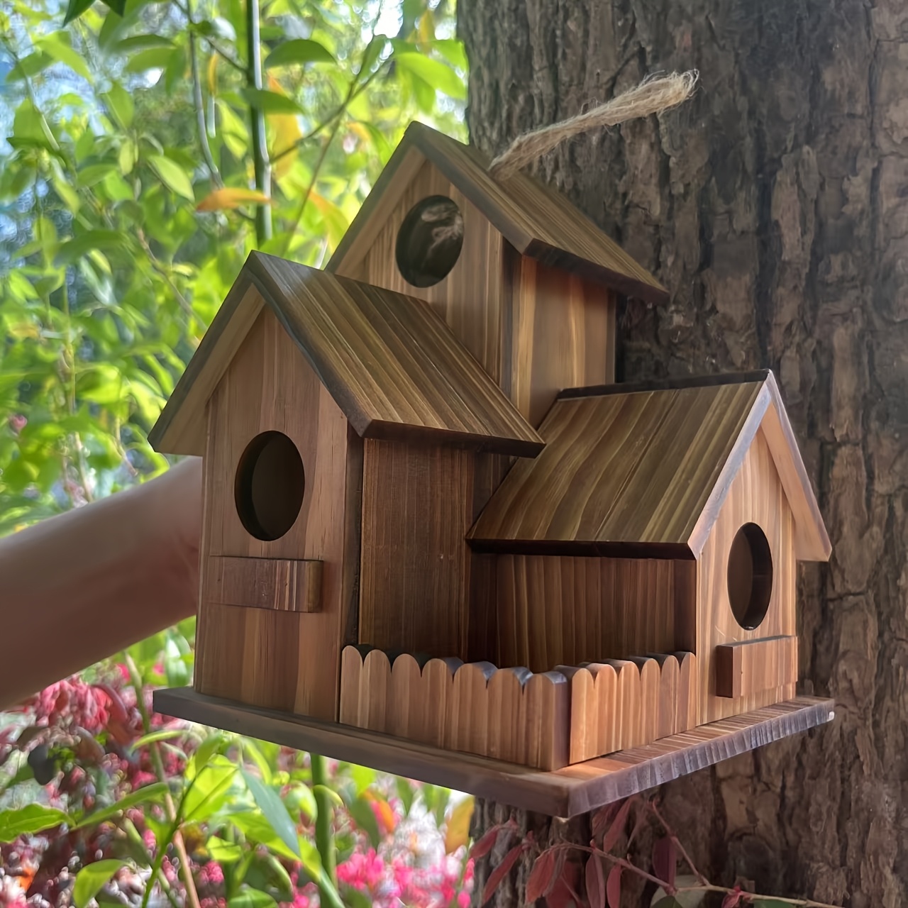 Rustic Wooden Birdhouse with 3 Compartments - Outdoor Garden Bird Feeder for Variety of Birds, Weatherproof and Durable Wood Construction, Perfect for Backyard or Patio Decor