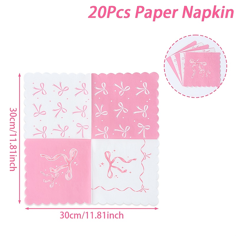 TEMU 20pcs, Napkins, Bow Theme Paper Napkins, 30*30cm, Pink White Bow Theme Party Decoration, Happy Birthday Party Supplies, Wedding Shower Party