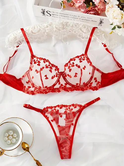Valentine's Day Heart Embroidery Lingerie Set, Semi Sheer Bow Intimates Bra  & Garter Belt & Thong, Women's Sexy Lingerie & Underwear