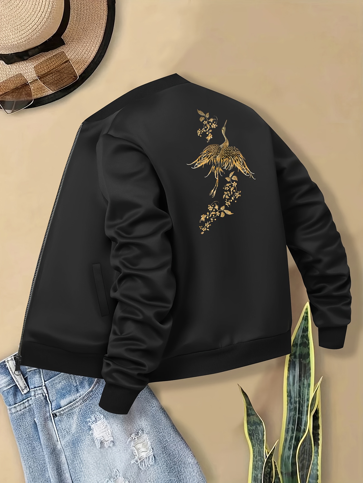 womens elegant korean chinese style crane floral golden embellished jacket black with golden zipper closure stand collar casual to formal outerwear machine washable   coat with intricate embroidery relaxed fit and zippered pockets for casual attire or special occasions jackets for women high quality cardigan jacket for women evening jackets for women elegant classy jackets for women black 0