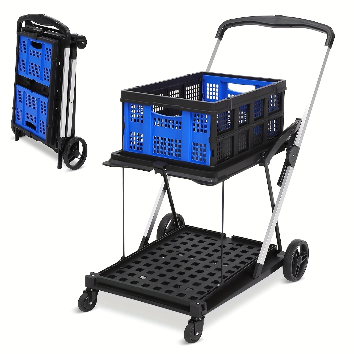 folding shopping cart with wheels collapsible cart with storage crate 2 layer utility carts platform truck high capacity storage outdoor wagon for groceries hand truck carries up to 200 lbs details 1