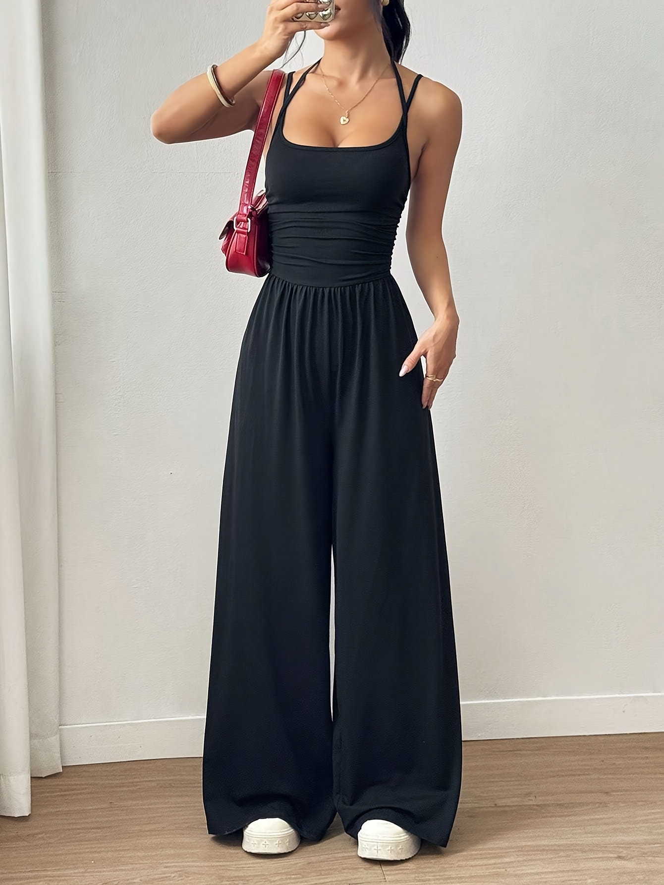 new womens solid   cross strap backless   pleated loose straight jumpsuit