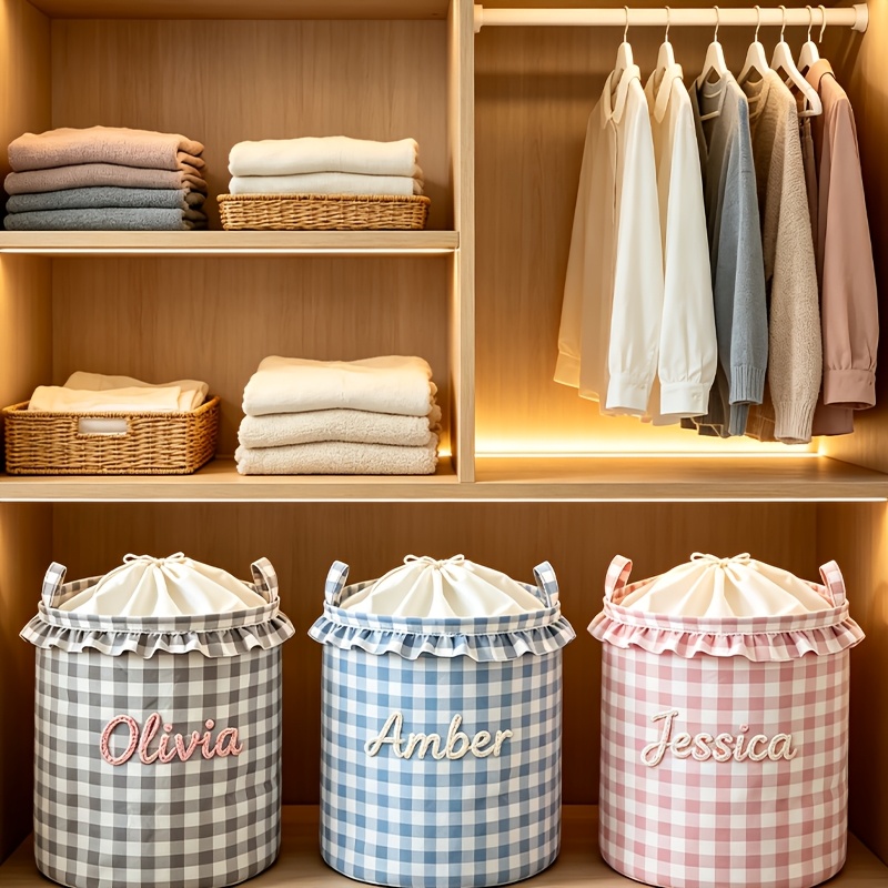 Custom Text Storage Basket - Plaid Laundry Hamper