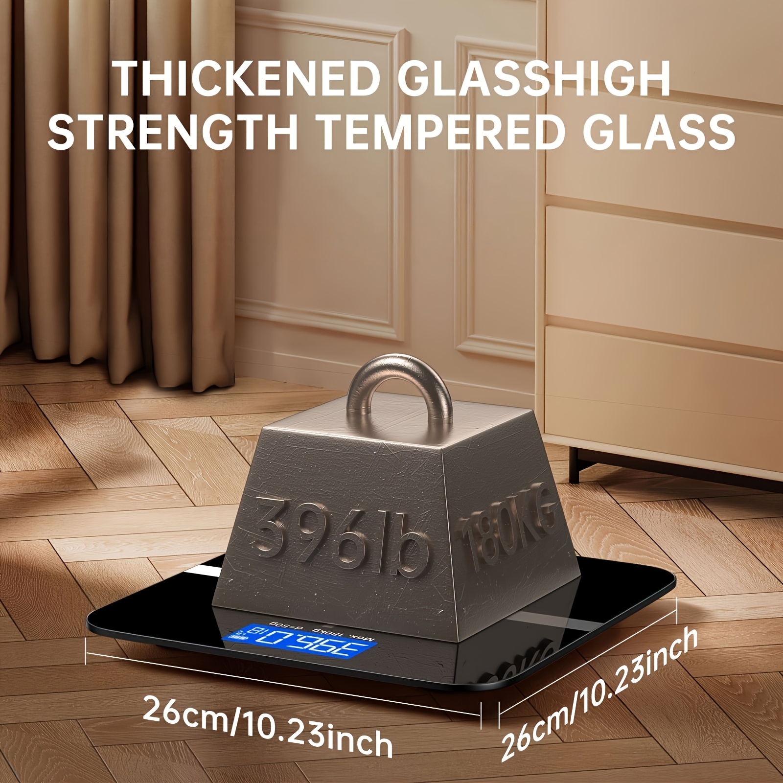 A Weighing Scale with a Capacity of 396 Pounds/ 180 Kilograms Equipped with an LED Backlit Display Screen and Tempered Glass, Designed Specifically for Personal Weighing. This Compact Scale Is Suitable for Home and Fitness Use, and Is an Ideal Choice