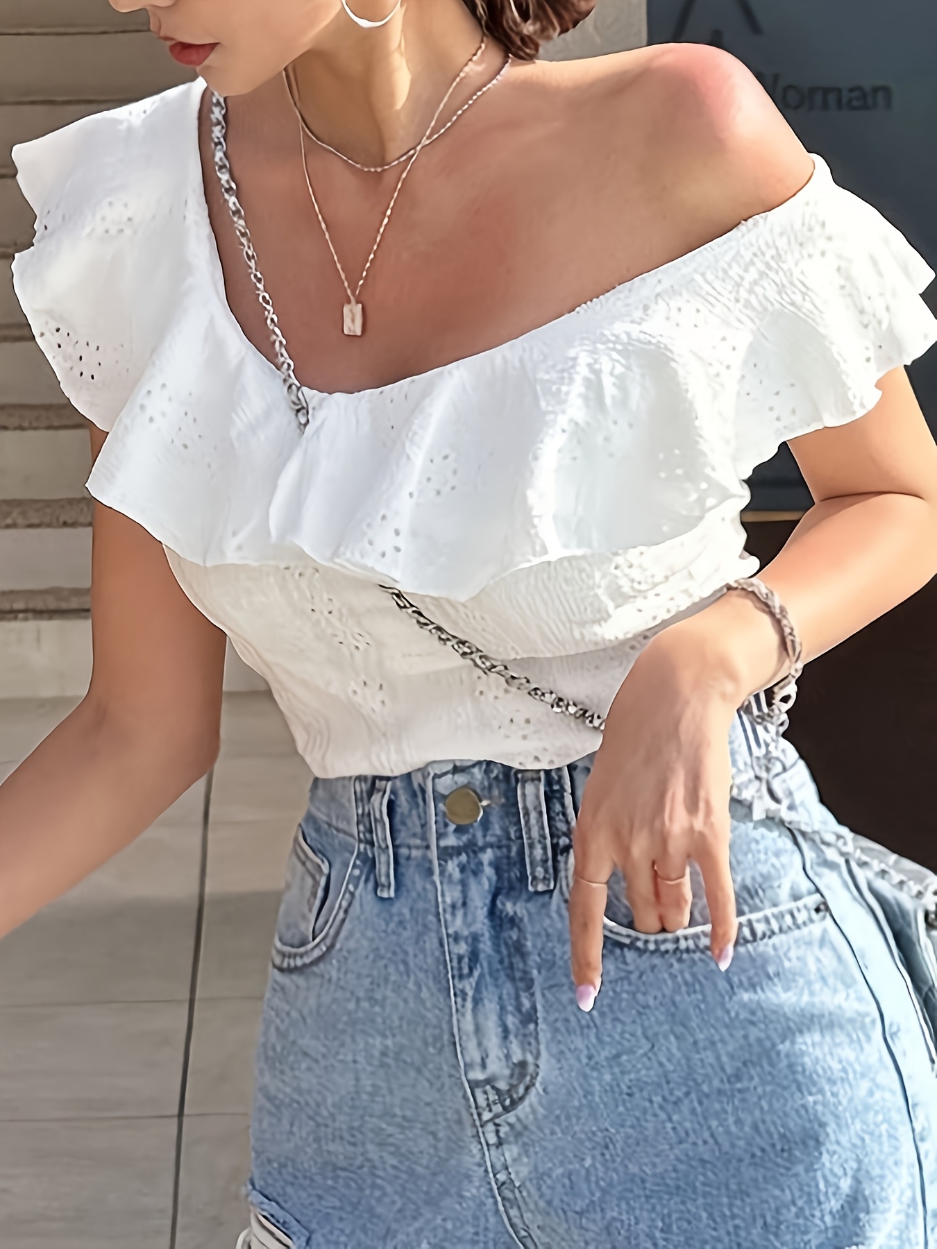 womens elegant shoulder white crop top hem fit Temu Australia