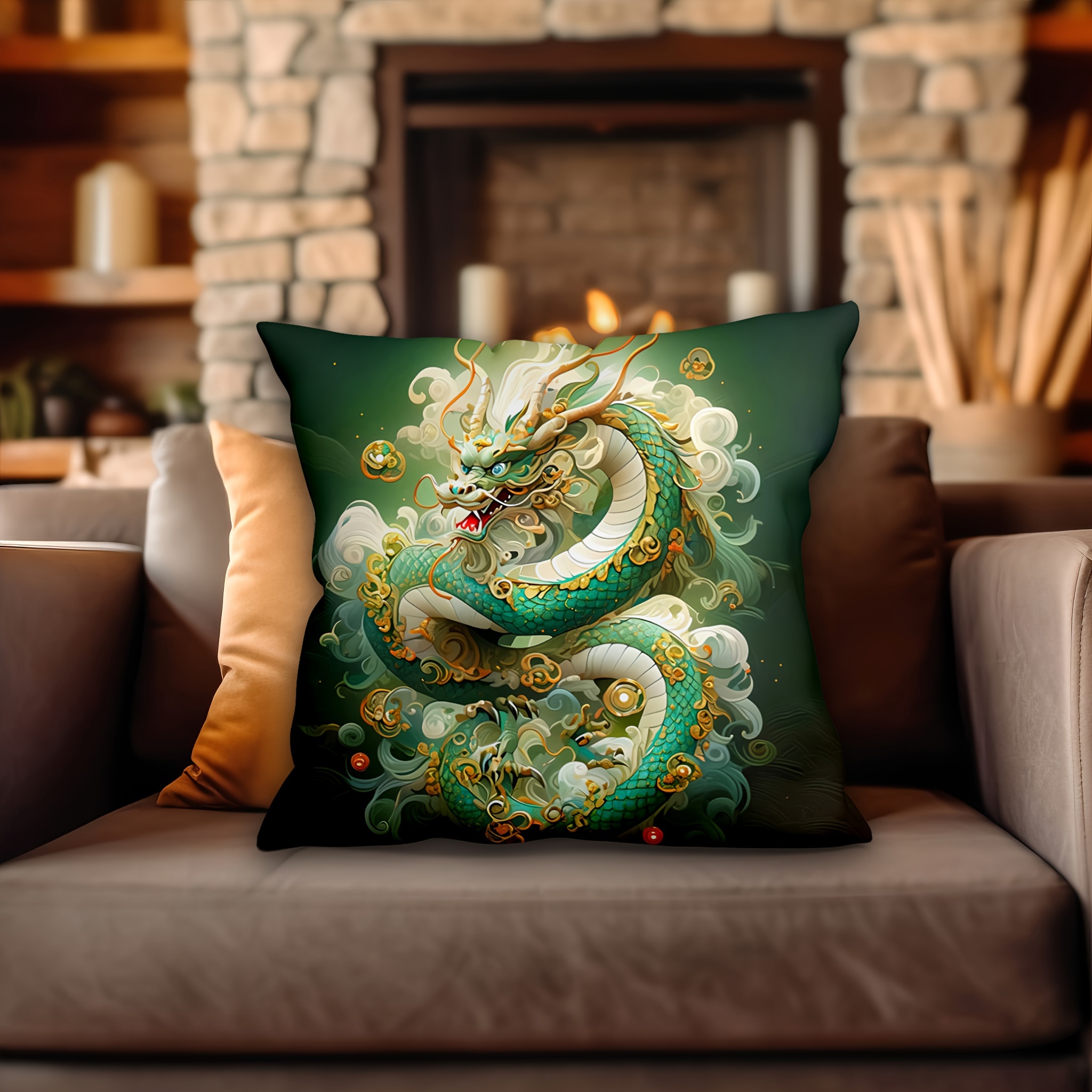 

1pc, Short Plush Pillow Case Auspicious Dragon Element Pattern Feels Very Soft 17.7 "x17.7" Single Sided Print Without Pillow Core Room Decor Office Decor Home Decor Car Decor