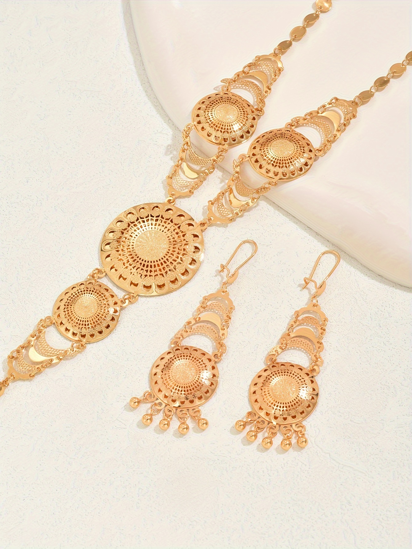 three piece elegant retro ramadan style copper gold plated creative sun flower tassel long necklace earrings womens party wedding dress accessories details 5