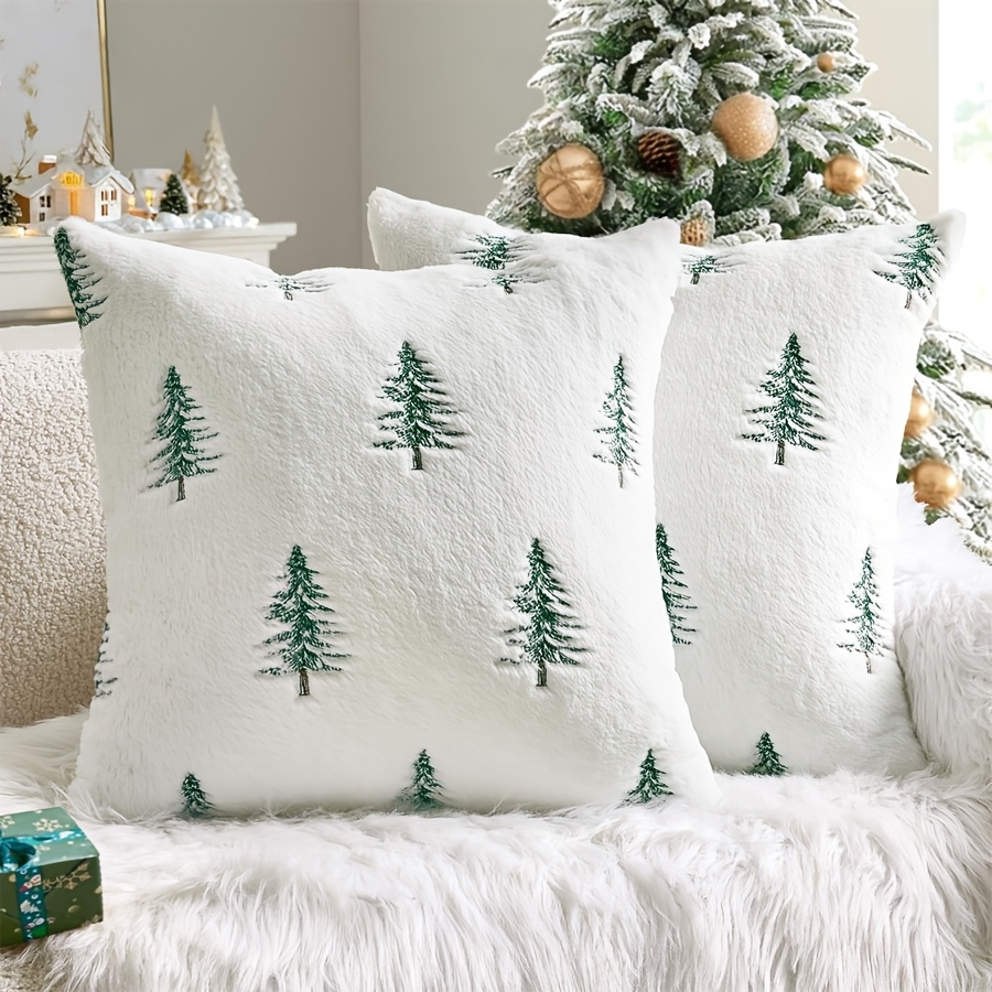 TEMU 2pcs Christmas Decorative Pillowcase, Embroidered Christmas Tree White Plush Cushion Cover, Green Christmas Tree Winter Sofa Cover, Decoration,