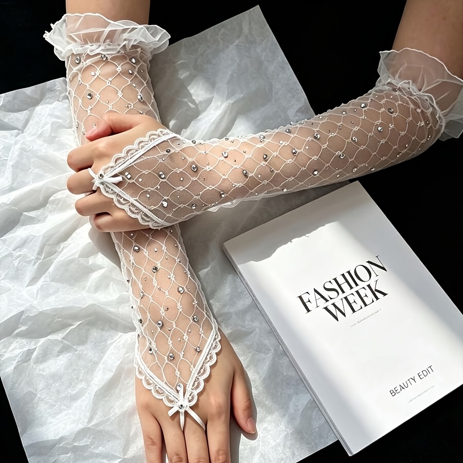 TEMU 1 Pair Fishnet Sequined Claw Gloves, Summer Hollow Solid Color Y2k Sweet Fishnet Gloves, Suitable For Weddings, Birthdays, Anniversaries, And