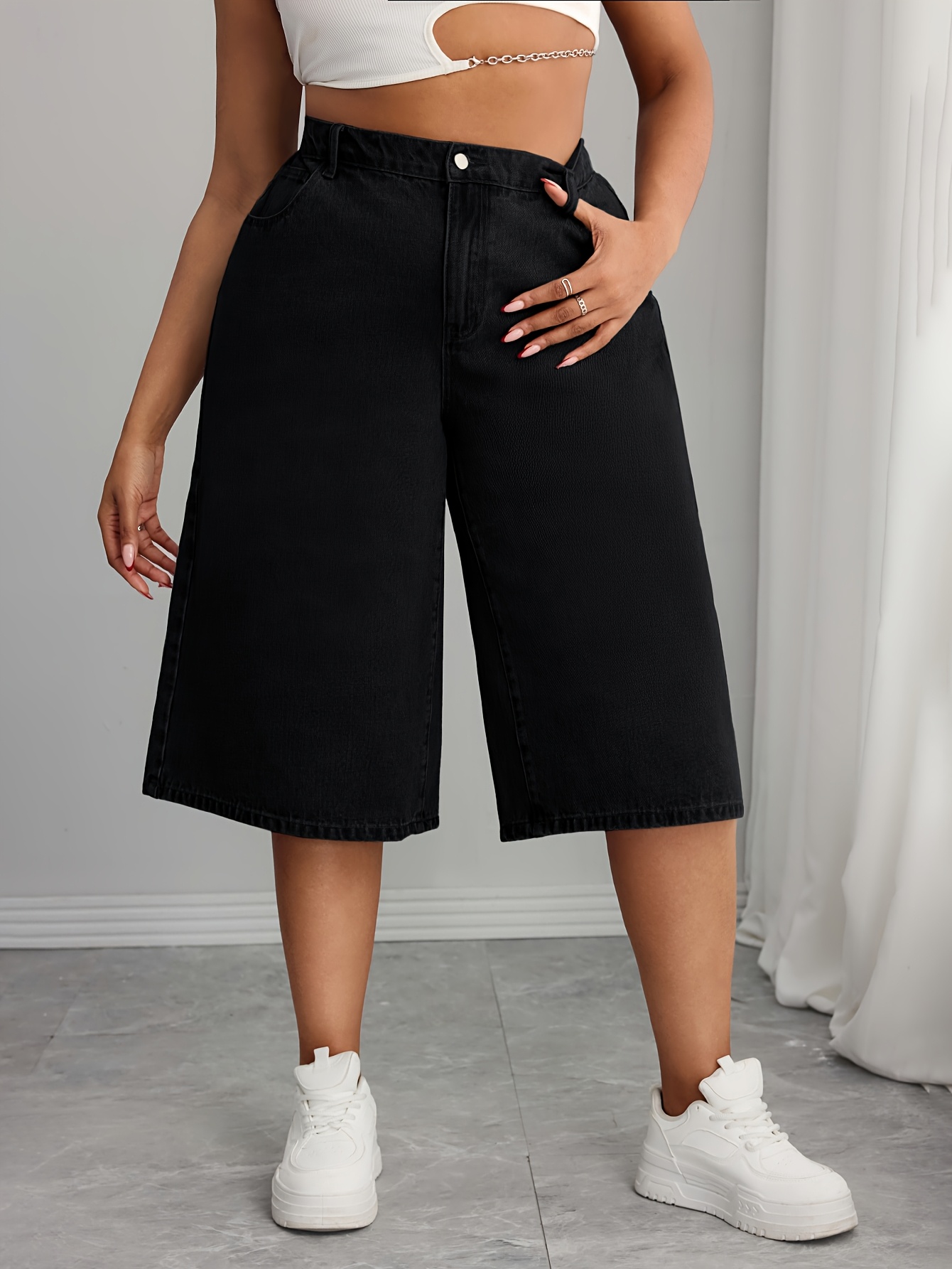 womens plus size black denim shorts high waisted button Temu New