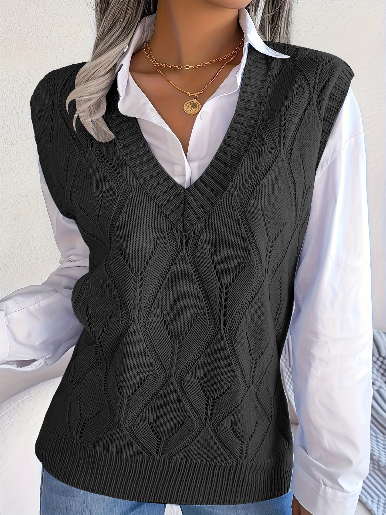 Chaleco Tipo Suéter Con De Rombos De Talla Sin Con Cuello De Estilo  Preppy, Ropa Para Mujer