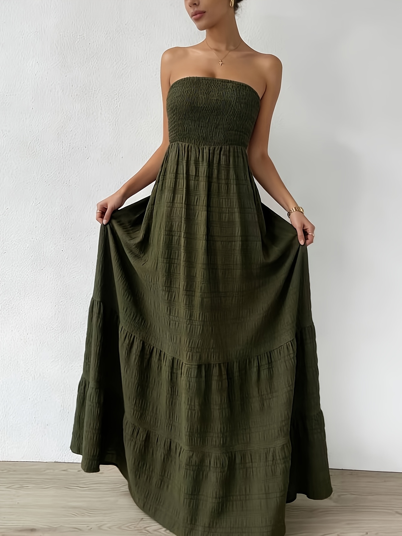 An Elegant Army Green Strapless Dress for Women, Featuring a Solid Color  with * And a Fitted Waist, High-Quality A-Line Long Gown Suitable for Da
