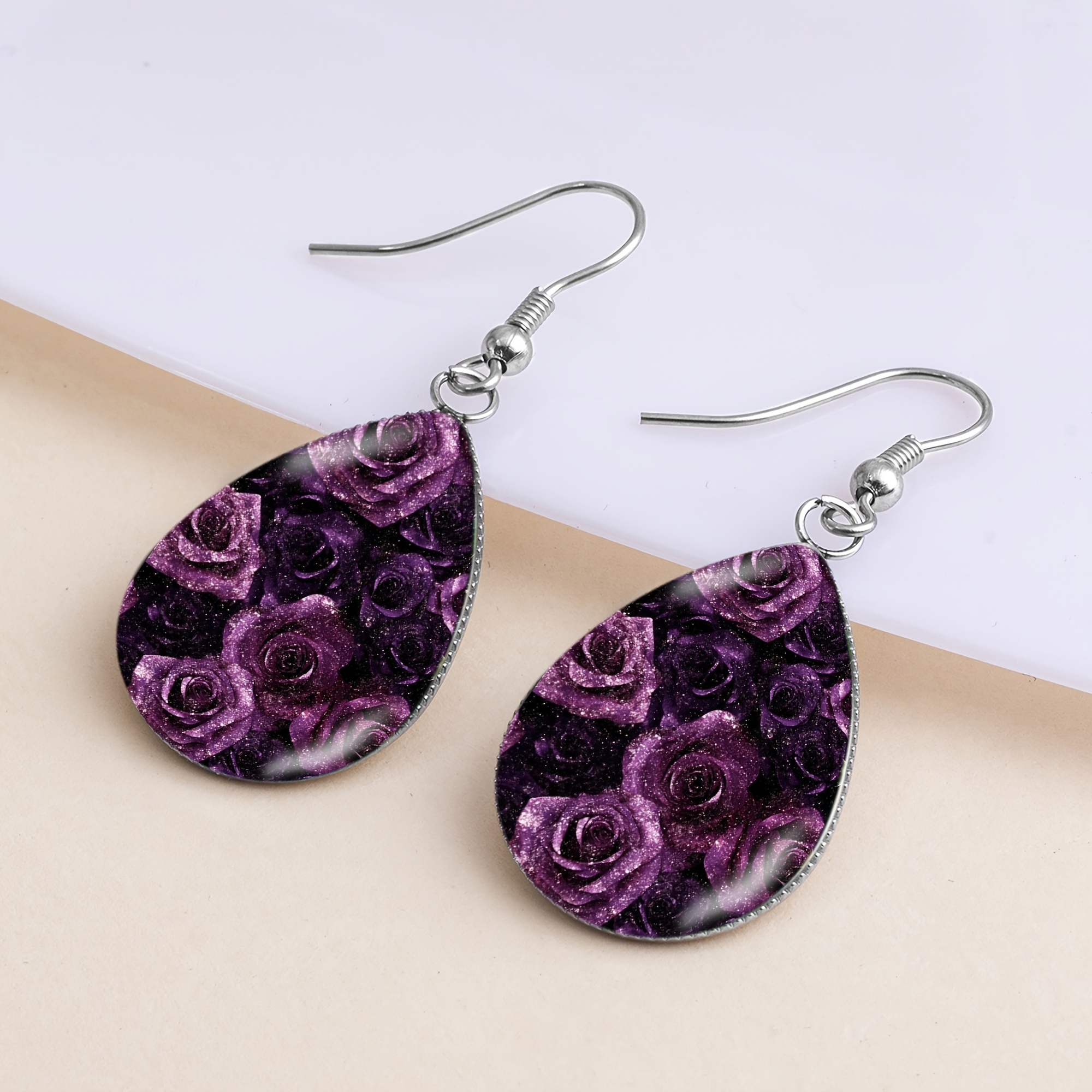 Deep Purple Gradient Rose Pattern Teardrop Earrings