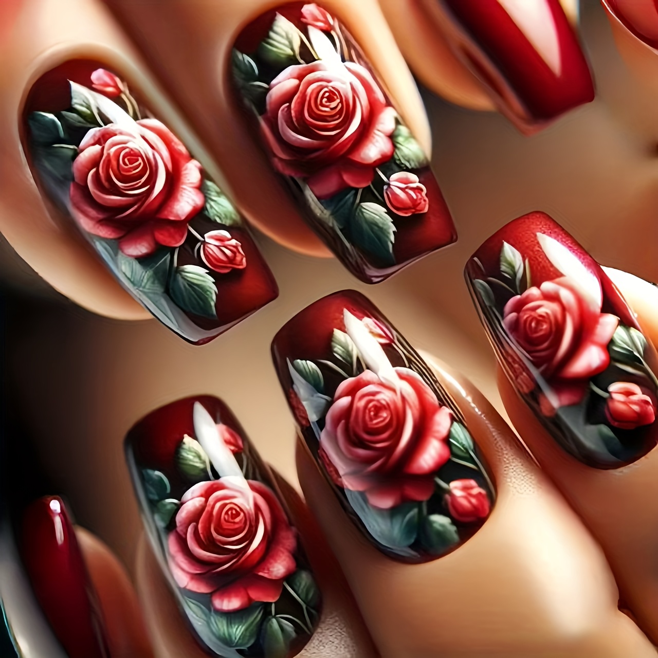 TEMU 24pcs Valentine's Day Press-on Nail Set - Red Roses & Floral Patterns, Glossy Coffin Shape, Medium Length - Easy To Apply & Reusable False Nails For A Festive Look