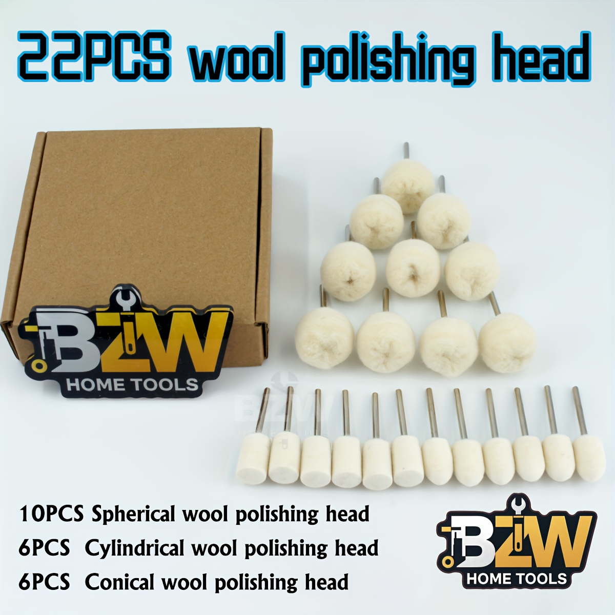 Image of 22pcs Wool Polishing Kit For Rotary Grinding And Polishing Tools- 10 Spherical + 6 Cylindrical 3x12mm + 6 Conical 3x12mm Heads (3mm/1/8" Shank) For Jade/metal/wood