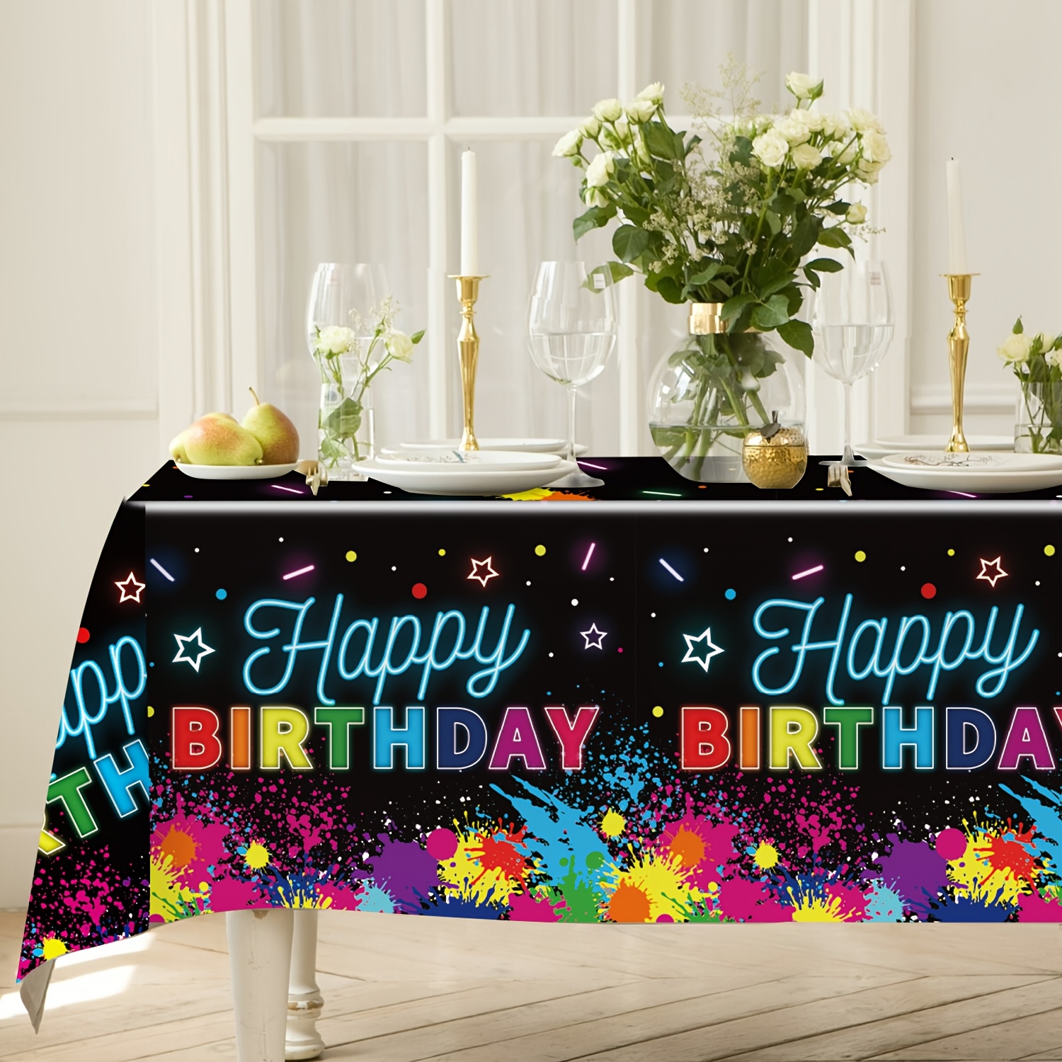 TEMU Halloween, Christmas Neon Glow Party Table Covers - 70.8x42.5 Inch Black Light Reactive Disposable Plastic With Splatter Design For Halloween & Birthday Decorations