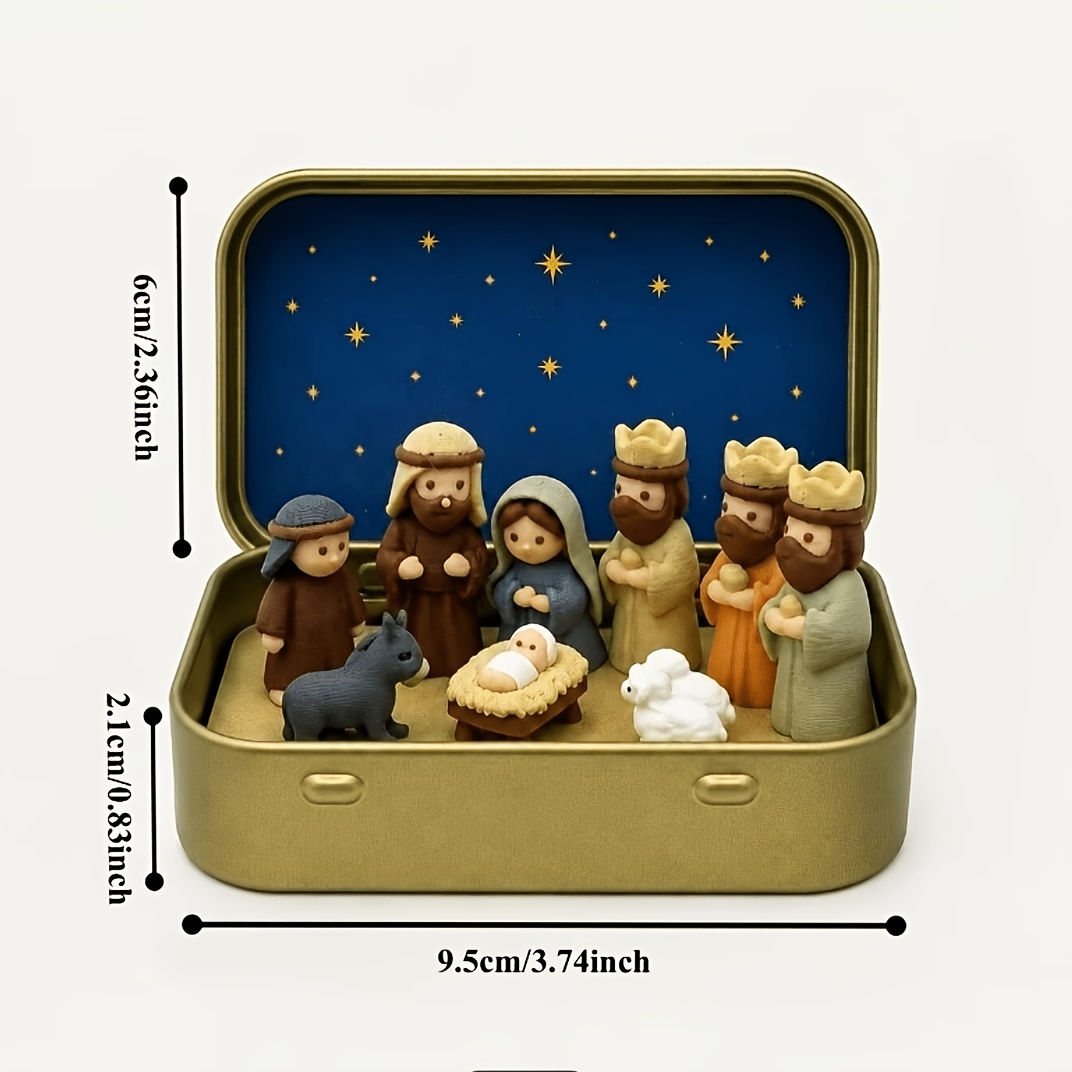TEMU Handcrafted Mini Christmas Manger - Portable Pocket-sized Nativity Scene With Mary, Shepherds, And Animal Figurines, Hand-painted, Ideal For
