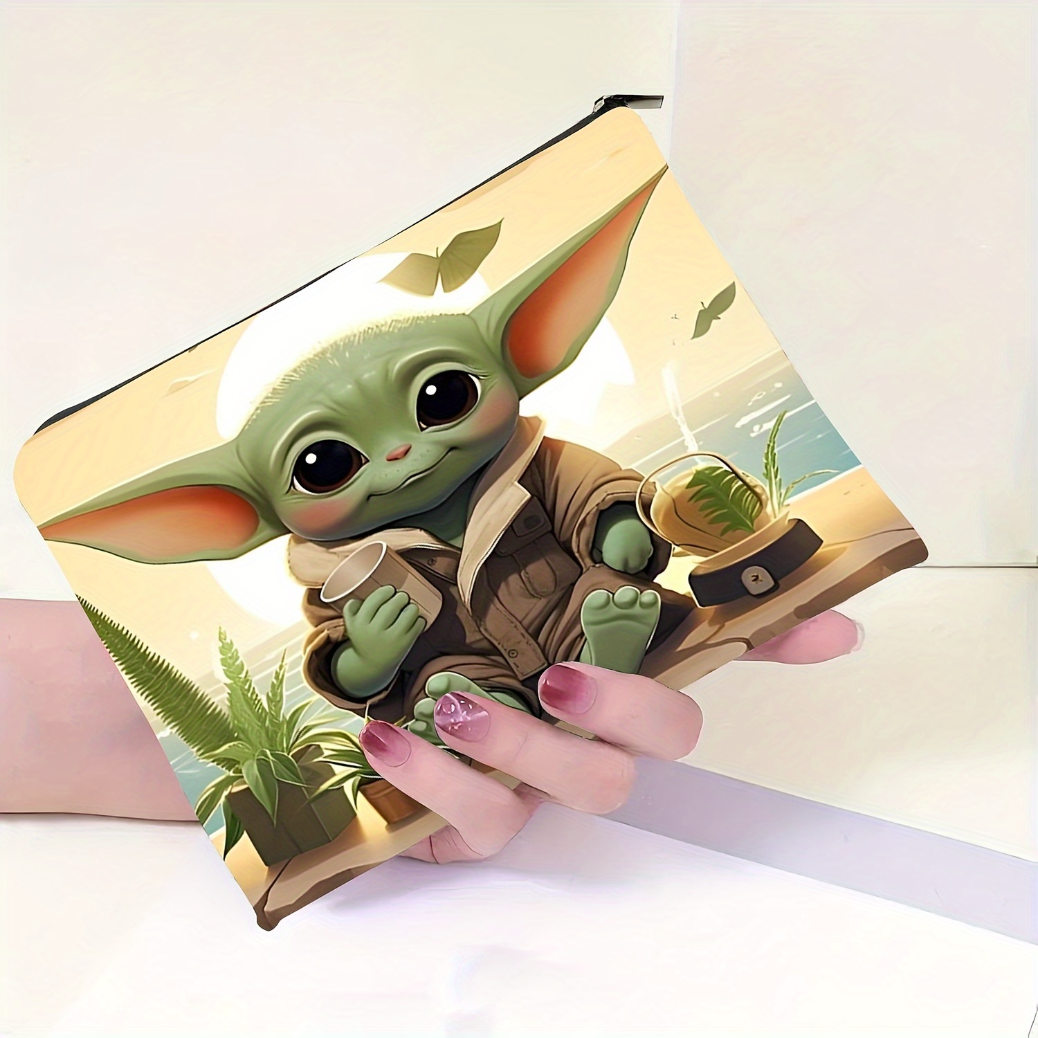 Yoda-Inspired Waterproof Linen Cosmetic Bag - Portable Clutch for Travel, Makeup &amp; Pencil Storage, Handwash/*