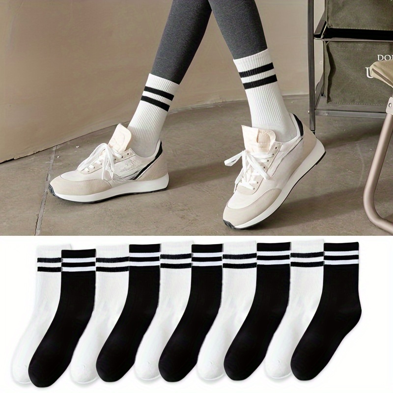 

10 Pairs Striped Crew Socks, Preppy & Simple Mid Tube Socks, Women's Stockings & Hosiery