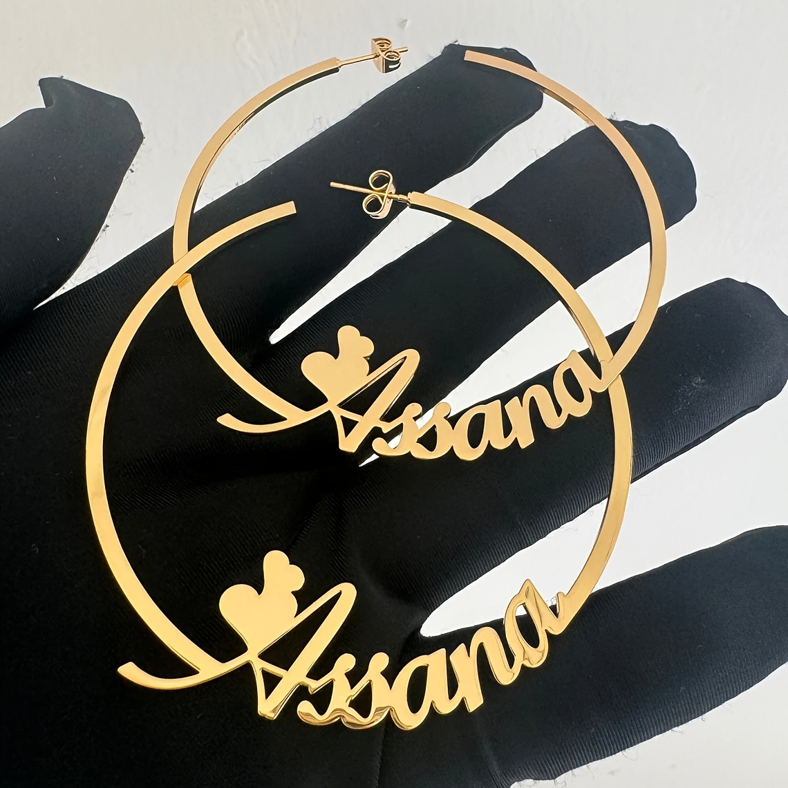 

Elegant Personalized Name Hoop Earrings With Heart Detail, Customizable Stainless Steel Large Earrings, Stylish Fashion Jewelry For Women For Daily And Party Wear