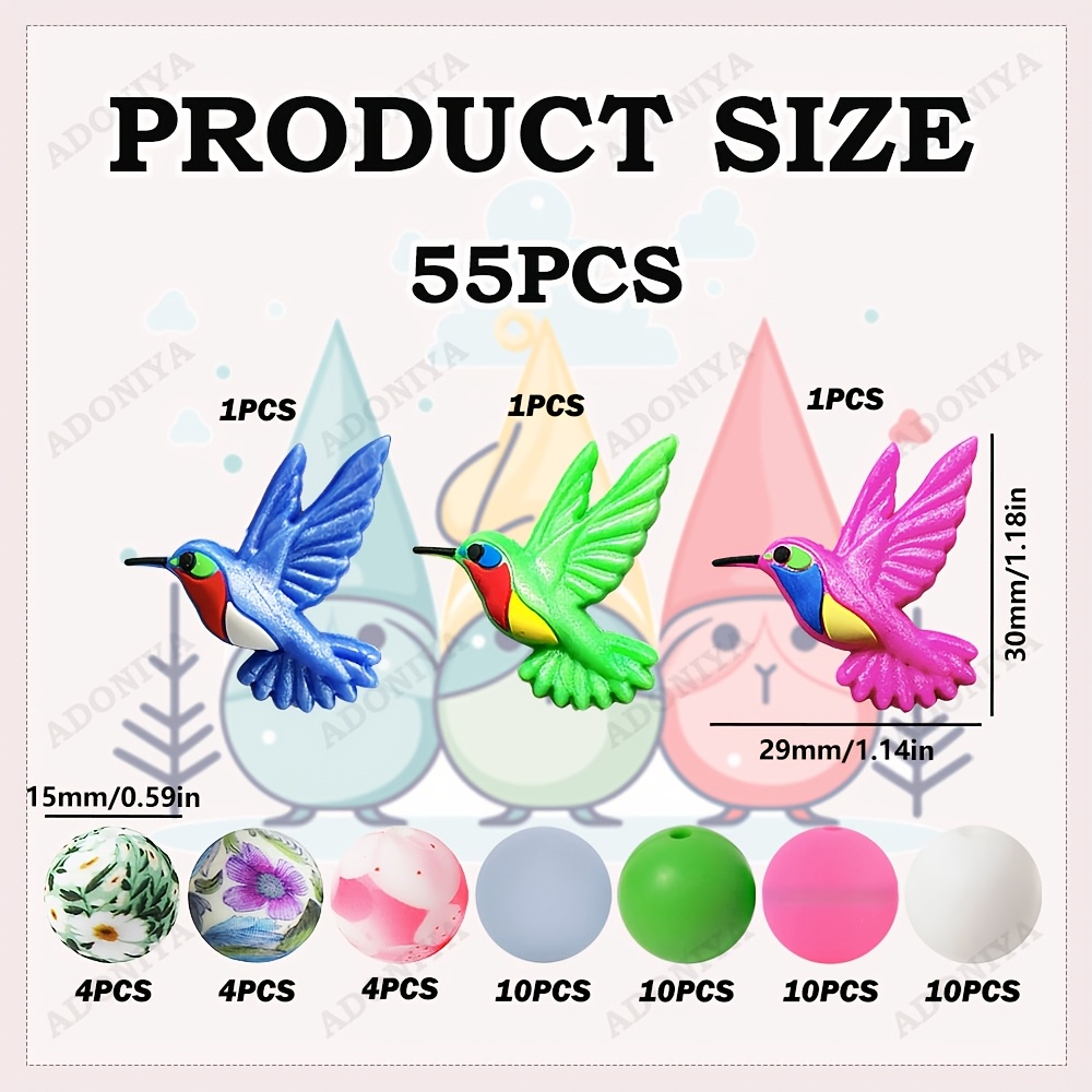 TEMU 55pcs Animal-themed Silicone Bead Set, Bird-shaped Silicone Beads (pink, Blue, Green), Suitable For Bead Pens, Bracelets, Bags, Makeup Bead
