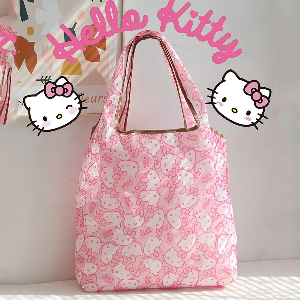 

Sanrio Hello Kitty Large Capacity Tote Bag - Oxford Cloth, Foldable & Portable Shopping Bag With Pink Polka And Golden Handles, High-quality Storage Solution